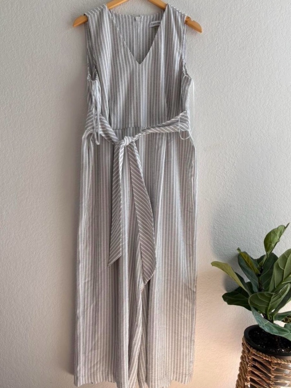 Calvin Klein Gray & White Vertical Stripe V-Neck Dress